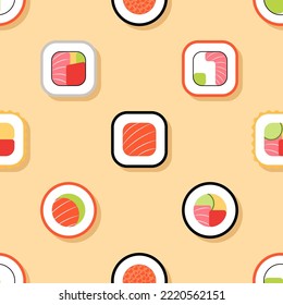 Seamless pattern of sushi of different flavors. Vector illustration of sushi rolls and Japanese seafood. Wrapping paper design for Asian restaurant food delivery packages. Japanese traditional food.
