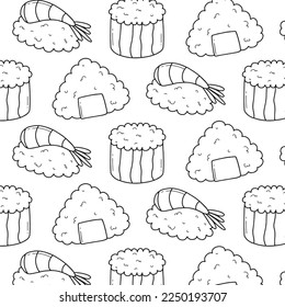 Seamless pattern with sushi in doodle style. Sushi in line style. Cute doodler rolls. Vector illustration.