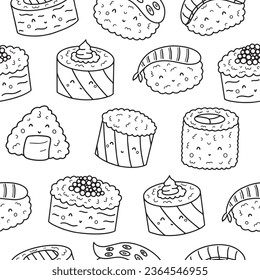 Seamless pattern with sushi in doodle style. Sushi in line style. Cute doodler rolls. Vector illustration.