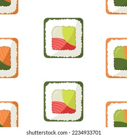 Patrón sin foco con sushi - sushi con salmón frito y ahumado. Ilustración de estilo plano. Comida asiática
