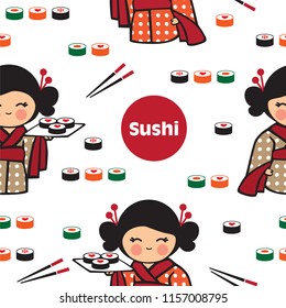 Seamless pattern with sushi and Japanese girl for menu, textile, wallpapers, gift wrap and scrapbook. Vector illustration.