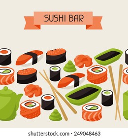 Seamless pattern with sushi. Japanese traditional cuisine illustration.