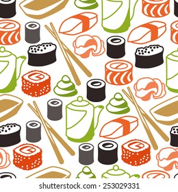 Seamless pattern with sushi. Japanese traditional cuisine illustration.