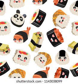 Seamless pattern. Sushi kawaii. Sea food. Transparent background. Vector hand drawn