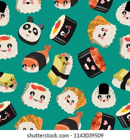 Seamless pattern. Sushi kawaii. Sea food. Green background. Vector hand drawn