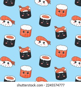 Patrón sin foco con sushi al estilo kawaii. Sushi al estilo kawaii. Bocadillos de caricatura. Ilustración vectorial.