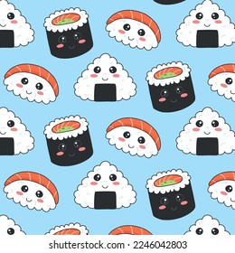 Seamless pattern with sushi in kawaii style. Sushi in kawaii style. Cute cartoon face rolls. Vector illustration.