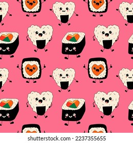 Seamless pattern with Sushi Love concept Cute happy funny smiling sushi,roll with kawaii eyes. Vector in cartoon style. 