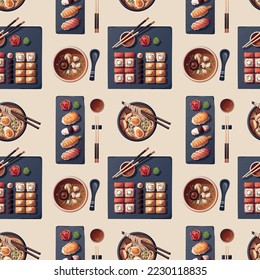 Seamless pattern with Sushi, Miso soup, ramen. Japanese food, healthy eating, cooking, menu concept. Vector illustration.