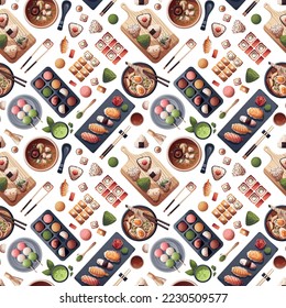 Seamless pattern with Sushi, Miso soup, ramen, onigiri, dango, mochi, matcha tea. Japanese food, healthy eating, cooking, menu concept. Vector illustration.