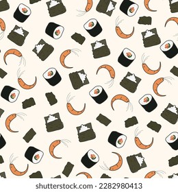 A seamless pattern with sushi on a beige background