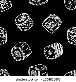 Seamless pattern of sushi on black background. 