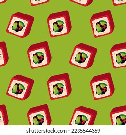 Seamless pattern with sushi on green background.