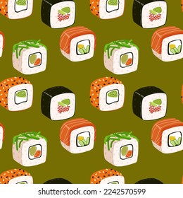 Seamless pattern with sushi on a green background