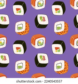 Seamless pattern with sushi on purple background