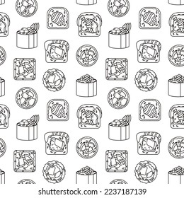 Seamless pattern with sushi on white background. Line art.