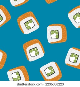 Seamless pattern with Sushi philadelphia roll illustration on blue background
