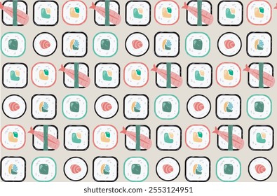 Seamless pattern with sushi. Repeating design element for printing on fabric. Rice and fish, top view of rolls. Traditional Japanese and Asian cuisine. Wallpaper and texture. Flat vector illustration