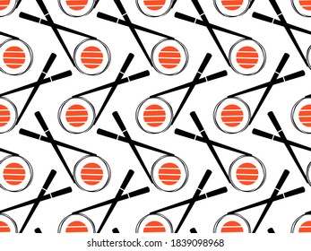 Seamless pattern with sushi roll and chopsticks on white background vector illustration. Cute cartoon food for print.