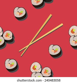 Seamless pattern with sushi roll and chopsticks
