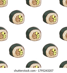 seamless pattern of sushi roll with colorful sketchy style on white background