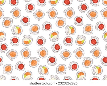 Seamless pattern with Sushi roll. Sushi roll with cream cheese and avocado covered with salmon. Traditional Japanese food background. Vector flat illustration wallpaper, wrapping, packing, textile