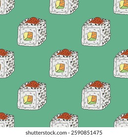 Seamless pattern with sushi roll for decorative print, wrapping paper, menu, wallpaper and fabric