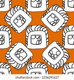 Patrón sin inconvenientes con la ilustración del doodle de rollo de sushi sobre fondo naranja