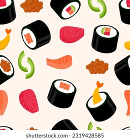 Seamless pattern of sushi roll flat design illustration. Perfect use or food wallpaper or asian restaurant menu