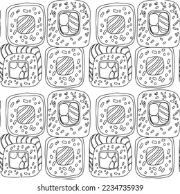 Seamless pattern with Sushi roll illustration in doodle style black color on white background