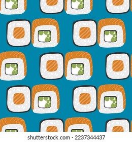 Seamless pattern with Sushi roll illustration on blue background