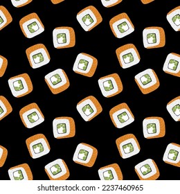 Seamless pattern with Sushi roll  illustration on black background