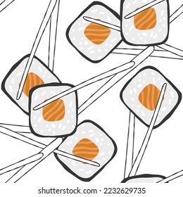 Patrón sin inconvenientes con la ilustración de sushi roll maki sobre fondo blanco