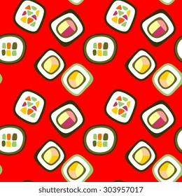 Seamless pattern with sushi roll on red background