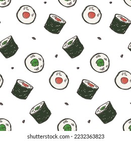 Seamless pattern with sushi and rolls. Asian food. Japanese rolls with seafood and rice. Vector background for any design.