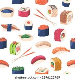 Seamless Pattern Of Sushi And Rolls Features A Variety Of Japanese Cuisine Delicacies. The Design Is Colorful