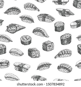 Seamless pattern sushi rolls, hand drawn monochrome background of japanese food for seafood shop design. Vector illustration.