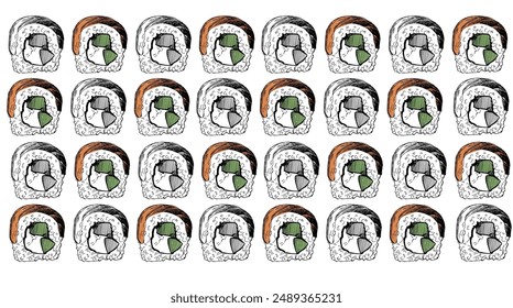 Seamless Pattern of Sushi Rolls - Hand Drawn Illustration