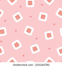 Seamless pattern with sushi rolls and hearts. Japanese salmon maki rolls.