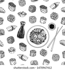 seamless pattern sushi and rolls. illustration set of asian food. vector sketch with hands drawn traditional japanese food sushi