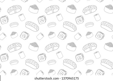 seamless pattern of sushi and rolls isolated on white background. line style vector icons. Suitable for menu design, flyers, brochures, advertising, packaging. vector line work.