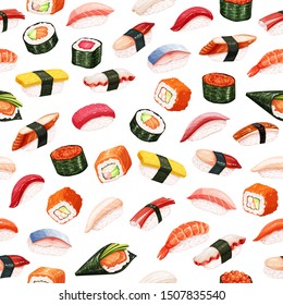 Seamless pattern sushi rolls. Japanese food background for seafood shop design. Vector illustration.