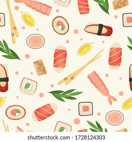 Seamless pattern sushi and rolls. Japanese food. Flat lay illustration.