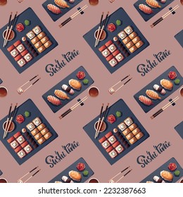 Seamless pattern with sushi and Sushi rolls. Japanese food, healthy eating, cooking, menu, nutrition concept. Vector illustration. 