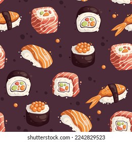 Seamless pattern of sushi rolls. Japanese food bakcground