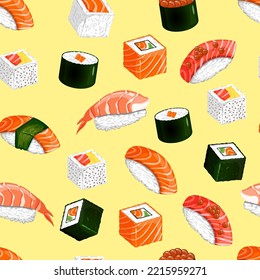 Nahtloses Muster mit Sushi und Brötchen. Nigiri, gunkan maki, uramaki, futomaki, hosomaki. Vektorgrafik der traditionellen japanischen Küche einzeln auf weißem Hintergrund.