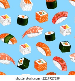 Patrón sin foco con sushi y rollos. Nigiri, gunkan maki, uramaki, futomaki, hosomaki. Dibujo vectorial de la cocina tradicional japonesa aislada de fondo blanco.