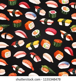 Seamless pattern sushi rolls on black. Japanese food background for seafood shop design. Vector illustration.