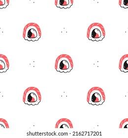 Seamless pattern with sushi rolls on a white background. Japanese food. Vector illustration background.