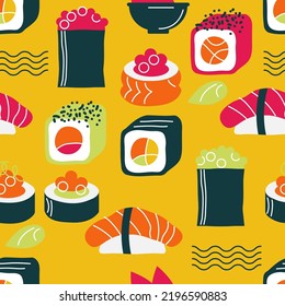nahtloses Muster von Sushi und Brötchen auf gelbem Hintergrund. eine flache Zeichnung der japanischen Küche im minimalistischen Stil. abstrakter grafischer Hintergrund für Sushi-Bar. Stock-Vektorgrafik. EPS10.